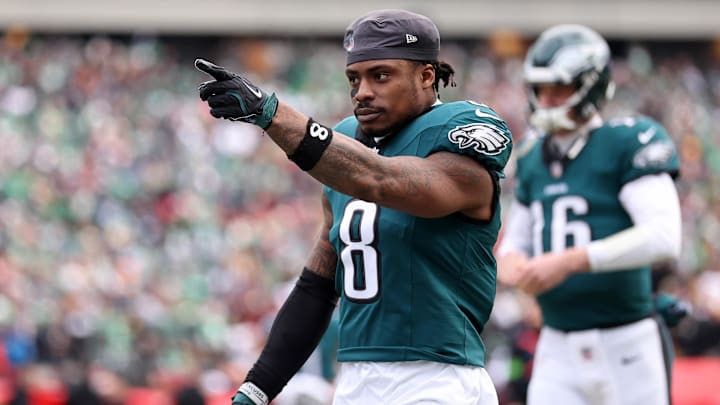 Philadelphia Eagles safety C.J. Gardner-Johnson (8) gestures before the NFC Championship game at Lincoln Financial Field.
