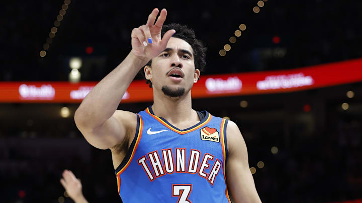 Mar 9, 2026; Oklahoma City, Oklahoma, USA; Oklahoma City Thunder guard Jared McCain (3) gestures after scoring against the Denver Nuggets during the second half at Paycom Center. Mandatory Credit: Alonzo Adams-Imagn Images