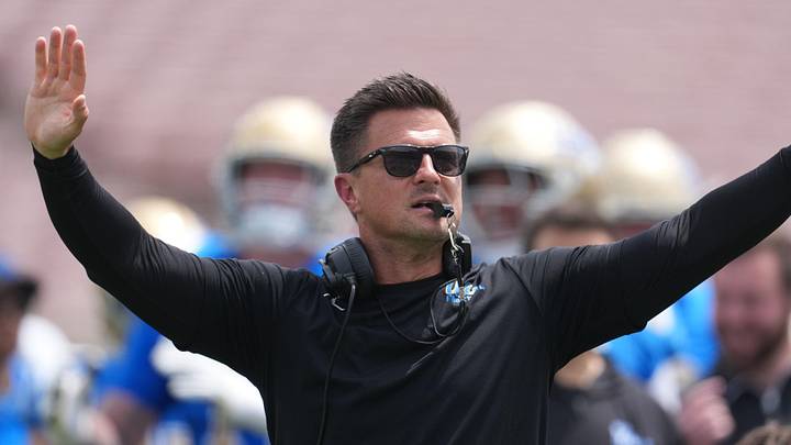 May 2, 2026; Pasadena, CA, USA; UCLA Bruins coach Bob Chesney reacts during the spring game at Rose Bowl. Mandatory Credit: Kirby Lee-Imagn Images May 2, 2026; Pasadena, CA, USA; UCLA Bruins coach Bob Chesney reacts during the spring game at Rose Bowl. Mandatory Credit: Kirby Lee-Imagn Images