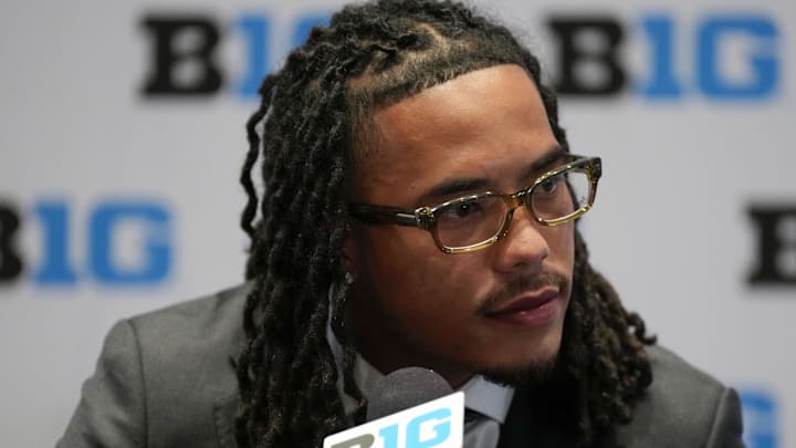 Jul 24, 2025; Las Vegas, NV, USA; USC wide receiver Makai Lemon speaks to the media during the Big Ten NCAA college football media days at Mandalay Bay Resort. Mandatory Credit: Lucas Peltier-Imagn Images