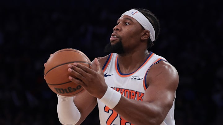 Oct 17, 2025; New York, New York, USA; New York Knicks forward Guerschon Yabusele (28) shoots the ball during the second half against the Charlotte Hornets at Madison Square Garden. Mandatory Credit: Vincent Carchietta-Imagn Images Oct 17, 2025; New York, New York, USA; New York Knicks forward Guerschon Yabusele (28) shoots the ball during the second half against the Charlotte Hornets at Madison Square Garden. Mandatory Credit: Vincent Carchietta-Imagn Images