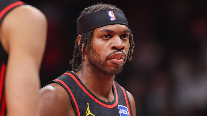 Atlanta Hawks guard Buddy Hield (8) in action against the Golden State Warriors in the fourth quarter at State Farm Arena on Mar 21, 2026 Atlanta Hawks guard Buddy Hield (8) in action against the Golden State Warriors in the fourth quarter at State Farm Arena on Mar 21, 2026