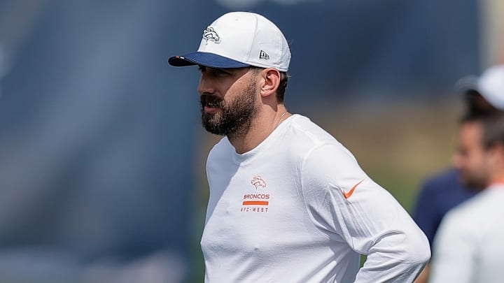 Jul 24, 2025; Englewood, CO, USA; Denver Broncos quarterbacks coach Davis Webb during Denver Broncos Training Camp. 