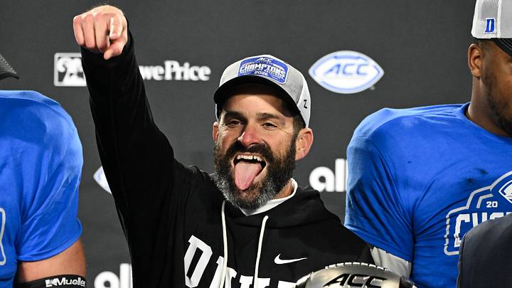Dec 6, 2025; Charlotte, NC, USA; Duke Blue Devils head coach Manny Diaz celebrates defeating the Virginia Cavaliers at the 2025 ACC Championship game at Bank of America Stadium. Mandatory Credit: Bob Donnan-Imagn Images Dec 6, 2025; Charlotte, NC, USA; Duke Blue Devils head coach Manny Diaz celebrates defeating the Virginia Cavaliers at the 2025 ACC Championship game at Bank of America Stadium. Mandatory Credit: Bob Donnan-Imagn Images