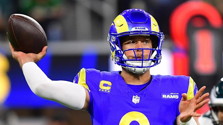 Nov 24, 2024; Inglewood, California, USA; Los Angeles Rams quarterback Matthew Stafford (9) throws againt the Philadelphia Eagles during the first half at SoFi Stadium. Mandatory Credit: Gary A. Vasquez-Imagn Images