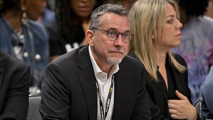 Aug 1, 2025; Dallas, Texas, USA; Dallas Wings general manager Curt Miller during the game between the Dallas Wings and the Indiana Fever at the American Airlines Center. Mandatory Credit: Jerome Miron-Imagn Images Aug 1, 2025; Dallas, Texas, USA; Dallas Wings general manager Curt Miller during the game between the Dallas Wings and the Indiana Fever at the American Airlines Center. Mandatory Credit: Jerome Miron-Imagn Images