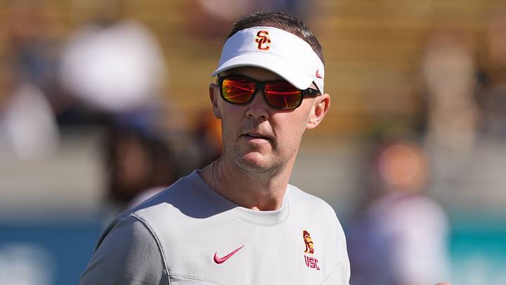 Oct 28, 2023; Berkeley, California, USA; USC Trojans head coach Lincoln Riley before the game against the California Golden Bears at California Memorial Stadium. Mandatory Credit: Darren Yamashita-USA TODAY Sports Oct 28, 2023; Berkeley, California, USA; USC Trojans head coach Lincoln Riley before the game against the California Golden Bears at California Memorial Stadium. Mandatory Credit: Darren Yamashita-USA TODAY Sports