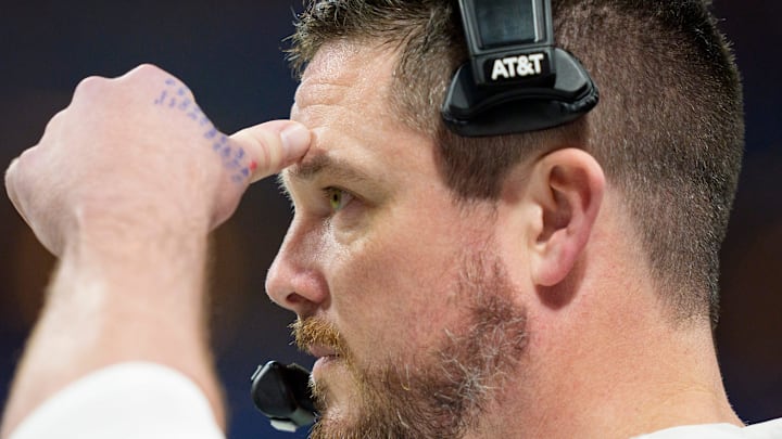 Oregon head coach Dan Lanning watches as Indiana scores as the Oregon Ducks face the Indiana Hoosiers in the Peach Bowl on Jan. 9, 2026, at Mercedes-Benz Stadium in Atlanta, Georgia.
