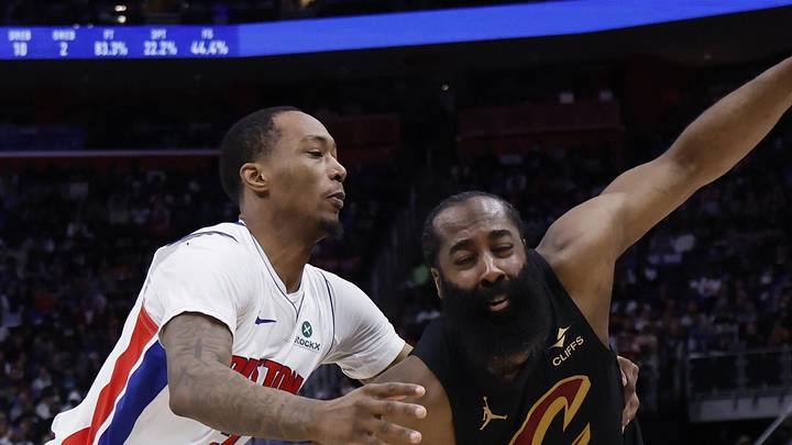 May 7, 2026; Detroit, Michigan, USA; Cleveland Cavaliers guard James Harden (1) dribbles defended by Detroit Pistons forward Ronald Holland II (5) in the first half during game two of the second round of the 2026 NBA Playoffs at Little Caesars Arena. Mandatory Credit: Rick Osentoski-Imagn Images