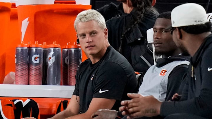 Cincinnati Bengals quarterback Joe Burrow (9) sits on the bench in the third quarter of the NFL Preseason Week 1 game between the Cincinnati Bengals and the Tampa Bay Buccaneers at Paycor Stadium in downtown Cincinnati on Saturday, Aug. 10, 2024. The Tampa Bay Buccaneers beat the Bengals 17-14.