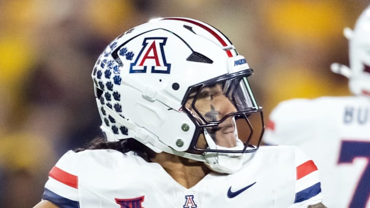 Nov 28, 2025; Tempe, Arizona, USA; Arizona Wildcats quarterback Noah Fifita (1) against the Arizona State Sun Devils in the first half during the 99th Territorial Cup at Mountain America Stadium. Mandatory Credit: Mark J. Rebilas-Imagn Images
