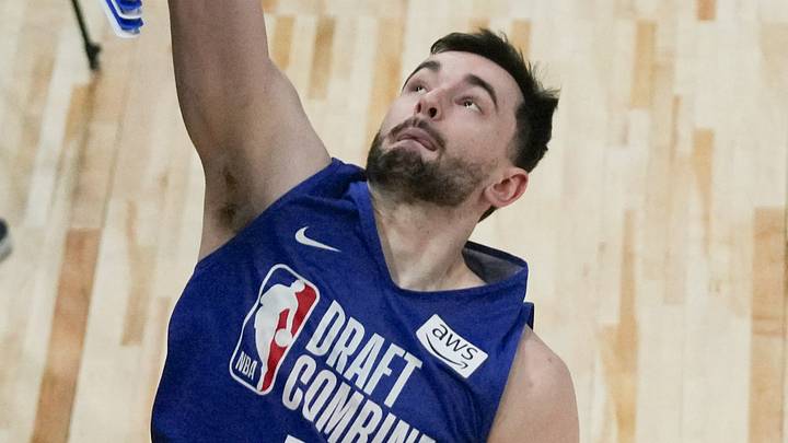 May 11, 2026; Chicago, IL, USA; Alex Karaban participates in the 2026 NBA Draft Combine at Wintrust Arena. Mandatory Credit: David Banks-Imagn Images