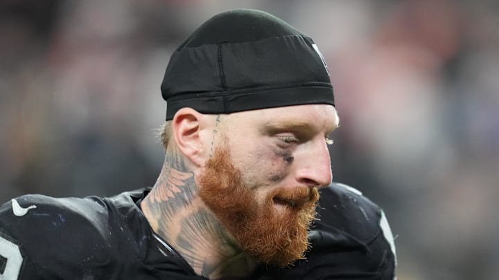 Dec 7, 2025; Paradise, Nevada, USA;  Las Vegas Raiders defensive end Maxx Crosby (98) leaves the field following a game against the Denver Broncos at Allegiant Stadium. Mandatory Credit: Stephen R. Sylvanie-Imagn Images