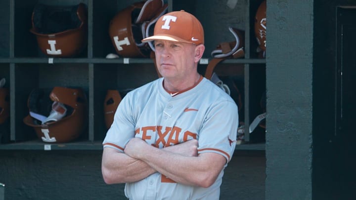 Texas Longhorns head coach Jim Schlossnagle watches as the Auburn Tigers take on Texas Longhorns. 