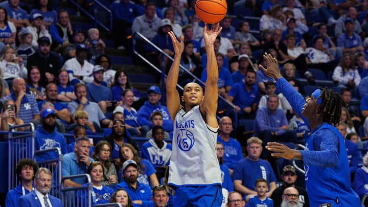 Oct 11, 2025; Lexington, KY, USA; Kentucky Wildcats guard Jaland Lowe (15) shoots the ball during Big Blue Madness at Rupp Arena at Central Bank Center. Mandatory Credit: Jordan Prather-Imagn Images