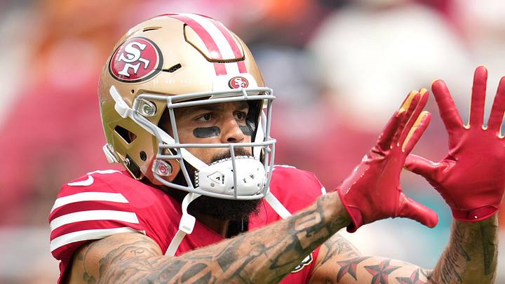 Sep 20, 2026; Santa Clara, California, USA;  San Francisco 49ers wide receiver Mike Evans (5) warms up prior to the game against the Miami Dolphins at Levi's Stadium.  Mandatory Credit: Cary Edmondson-Imagn Images