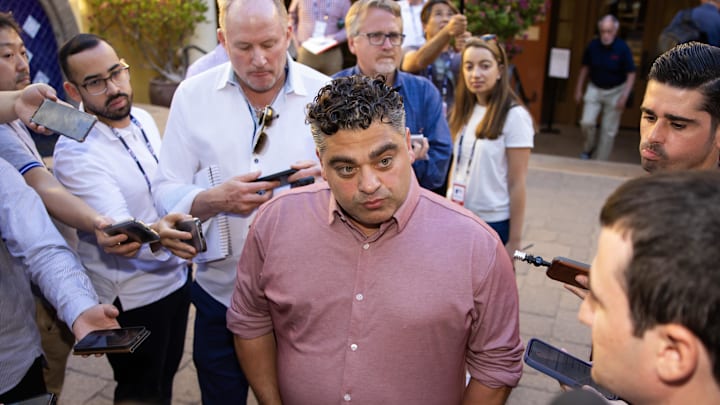 Nov 7, 2023; Scottsdale, AZ, USA; Los Angeles Angels general manager Perry Minasian speaks to the media during the MLB General Manager's Meetings at Omni Scottsdale Resort & Spa. Mandatory Credit: Mark J. Rebilas-Imagn Images