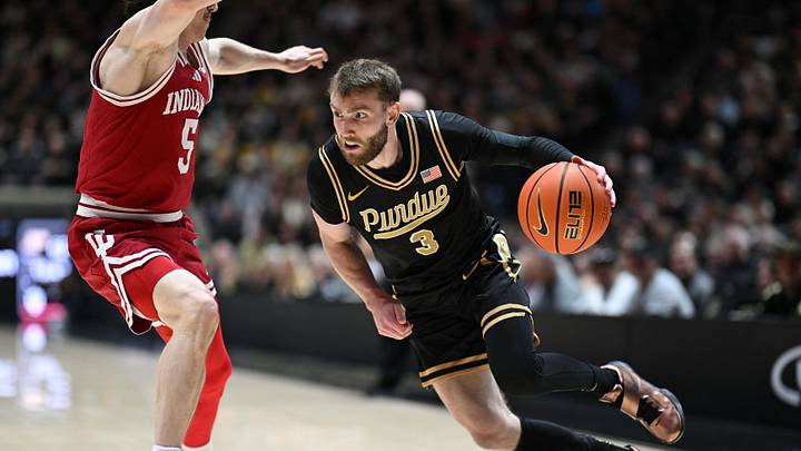 Feb 20, 2026; West Lafayette, Indiana, USA;  Purdue Boilermakers guard Braden Smith (3) drives against Indiana Hoosiers guard Conor Enright (5) during the second half at Mackey Arena. Mandatory Credit: Marc Lebryk-Imagn Images