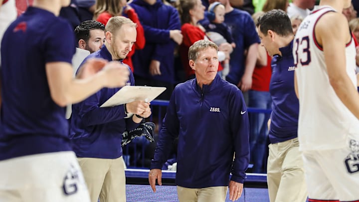 Gonzaga Bulldogs assistant Stephen Gentry (left), head coach Mark Few (center) and assistant Brian Michaelson (right). Gonzaga Bulldogs assistant Stephen Gentry (left), head coach Mark Few (center) and assistant Brian Michaelson (right).