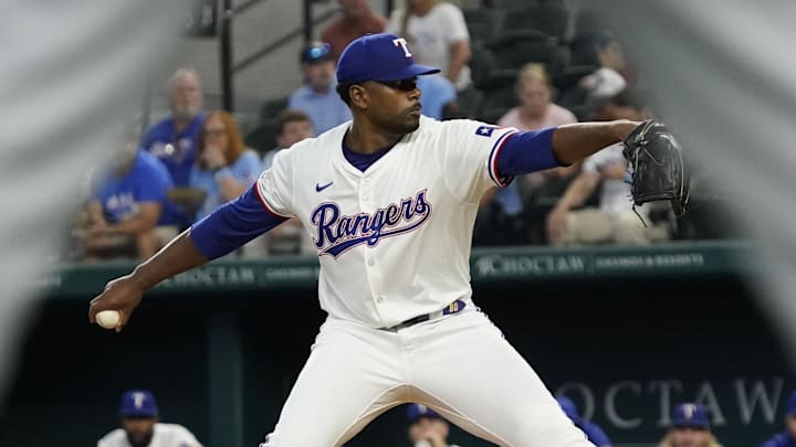 Texas Rangers pitcher Kumar Rocker (80) throws to the plate during the first inning against the Toronto Blue Jays at Globe Life Field.