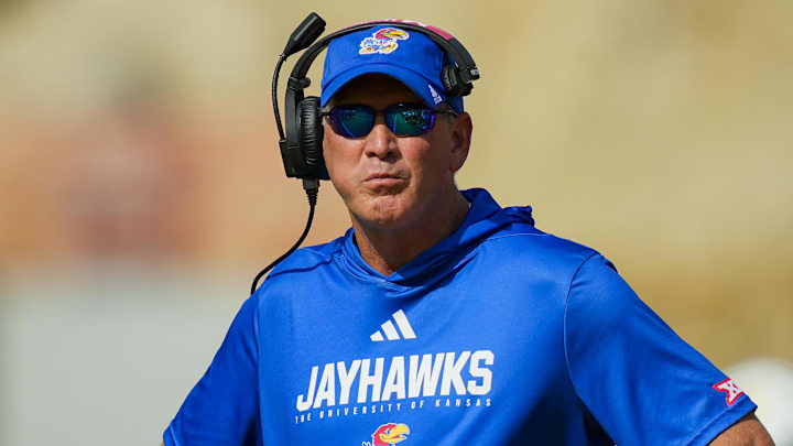 Kansas Jayhawks head coach Lance Leipold against the Missouri Tigers at Faurot Field at Memorial Stadium. 