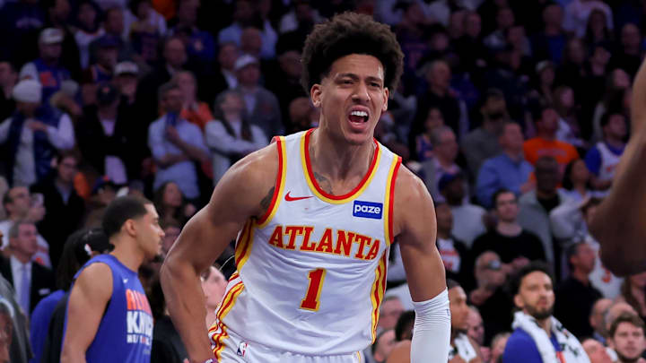 Apr 20, 2026; New York, New York, USA; Atlanta Hawks forward Jalen Johnson (1) reacts after a basket against the New York Knicks during the fourth quarter of game two of the first round of the 2026 NBA Playoffs at Madison Square Garden. Mandatory Credit: Brad Penner-Imagn Images