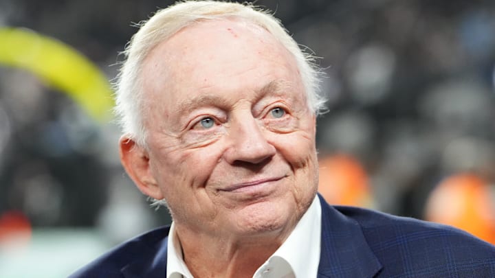Dallas Cowboys owner Jerry Jones during warmups against the Las Vegas Raiders at Allegiant Stadium.