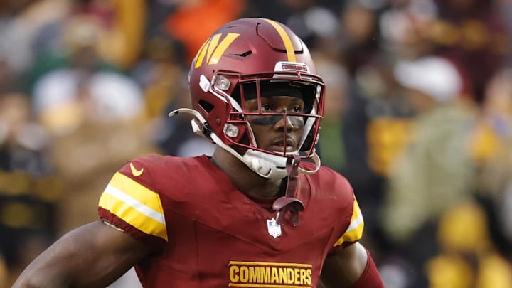 Nov 10, 2024; Landover, Maryland, USA; Washington Commanders wide receiver Terry McLaurin (17) looks on from the field during final minute of the game against the Pittsburgh Steelers at Northwest Stadium. Mandatory Credit: Amber Searls-Imagn Images