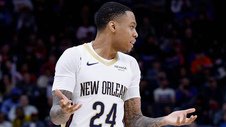Mar 26, 2026; Detroit, Michigan, USA;  New Orleans Pelicans guard Jordan Hawkins (24) reacts in the second half against the Detroit Pistons at Little Caesars Arena. Mandatory Credit: Rick Osentoski-Imagn Images