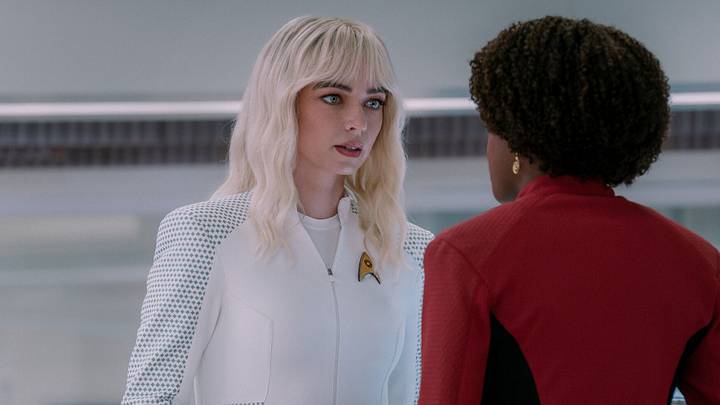(L-R): Jess Bush as Christine Chapel and Celia Rose Gooding as Uhura in Star Trek: Strange New Worlds, episode 7, season 4, streaming on Paramount+, 2026. Photo Credit: Brendan Adam-Zwelling/Paramount+