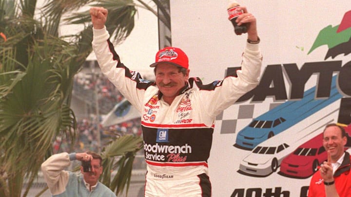 Dale Earnhardt celebrates winning the 1998 Daytona 500 in Victory Lane at Daytona International Speedway Dale Earnhardt celebrates winning the 1998 Daytona 500 in Victory Lane at Daytona International Speedway