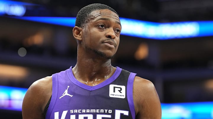 Dec 8, 2024; Sacramento, California, USA; Sacramento Kings guard De'Aaron Fox (5) during the second quarter against the Utah Jazz at Golden 1 Center. Dec 8, 2024; Sacramento, California, USA; Sacramento Kings guard De'Aaron Fox (5) during the second quarter against the Utah Jazz at Golden 1 Center.