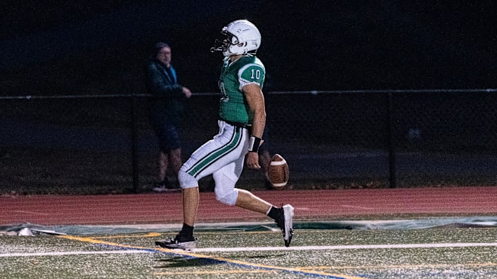 Pascack Valley football hosts River Dell, Friday, Oct. 18, 2024, Hillsdale, New Jersey. PV #10 Adam Shaw scores a touchdown.