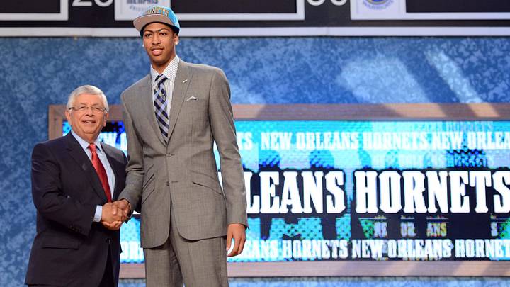 June 28, 2012; Newark, NJ, USA; Anthony Davis (Kentucky), right, is introduced as the number one overall pick to the New Orleans Hornets by NBA commissioner David Stern during the 2012 NBA Draft at the Prudential Center. Mandatory Credit: Jerry Lai-Imagn Images June 28, 2012; Newark, NJ, USA; Anthony Davis (Kentucky), right, is introduced as the number one overall pick to the New Orleans Hornets by NBA commissioner David Stern during the 2012 NBA Draft at the Prudential Center. Mandatory Credit: Jerry Lai-Imagn Images