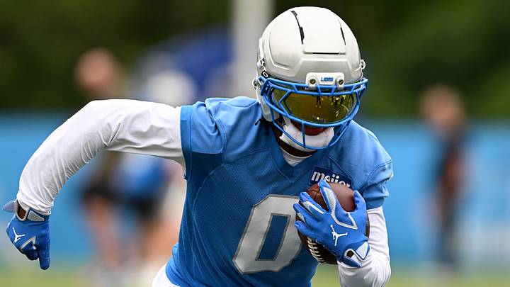 Detroit Lions running back Jahmyr Gibbs (0) runs drills  during the mandatory minicamp at teams Allen Park Performance Center