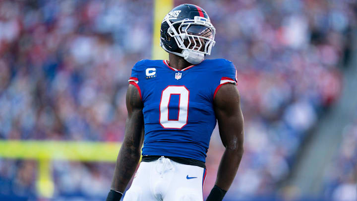 New York Giants linebacker Brian Burns (0) celebrates after breaking up a pass during a week 9 game between New York Giants and San Francisco 49ers at MetLife Stadium on Sunday, Nov. 2, 2025. New York Giants linebacker Brian Burns (0) celebrates after breaking up a pass during a week 9 game between New York Giants and San Francisco 49ers at MetLife Stadium on Sunday, Nov. 2, 2025.