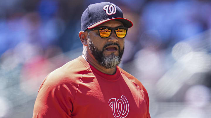 Washington Nationals manager Dave Martinez on the field against the Atlanta Braves during the eighth inning at Truist Park. Washington Nationals manager Dave Martinez on the field against the Atlanta Braves during the eighth inning at Truist Park.
