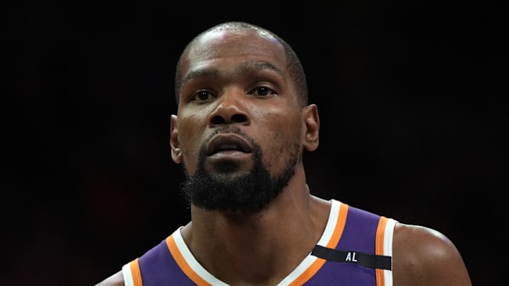 Mar 26, 2025; Phoenix, Arizona, USA; Phoenix Suns forward Kevin Durant (35) looks on against the Boston Celtics during the second half at Footprint Center. Mandatory Credit: Rick Scuteri-Imagn Images