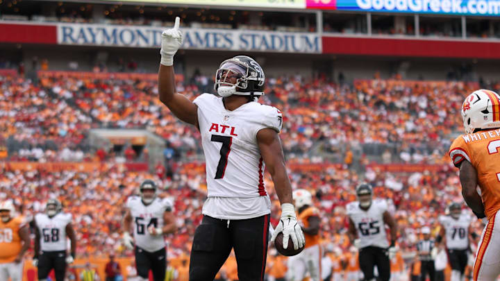Atlanta Falcons running back Bijan Robinson celebrates after scoring a touchdown against the Tampa Bay Buccaneers.