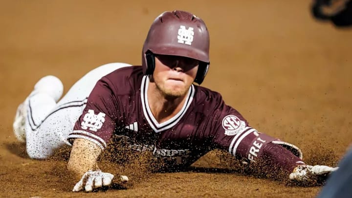 Mississippi State Infielder Gehrig Frei (#34) during the game between the Lipscomb Bisons and the Mississippi State Bulldogs at Dudy Noble Field at Polk-Dement Stadium in Starkville, MS.