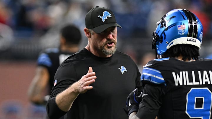 Dec 15, 2024; Detroit, Michigan, USA; Detroit Lions head coach Dan Campbell greets wide receiver Jameson Williams (9) during pregame warmups before their game against the Buffalo Bills at Ford Field. Mandatory Credit: Lon Horwedel-Imagn Images