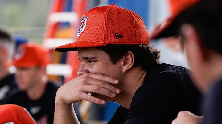 Detroit Tigers pitcher Jackson Jobe watches batting practice during spring training at TigerTown in Lakeland, Fla. on Wednesday, Feb. 19, 2025. Detroit Tigers pitcher Jackson Jobe watches batting practice during spring training at TigerTown in Lakeland, Fla. on Wednesday, Feb. 19, 2025.