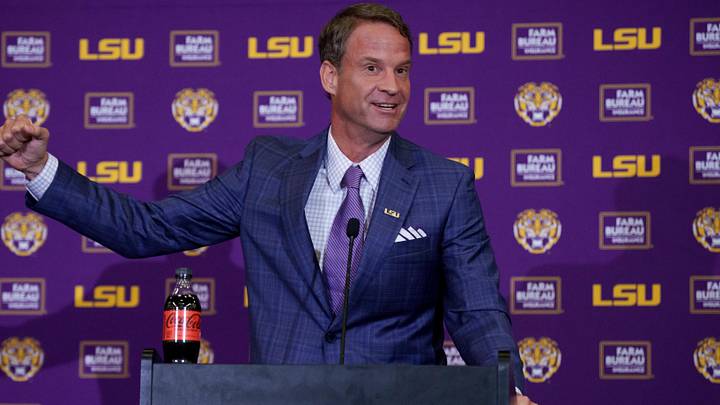 LSU Tigers head coach Lane Kiffin speaks at South Stadium Club at Tiger Stadium. 