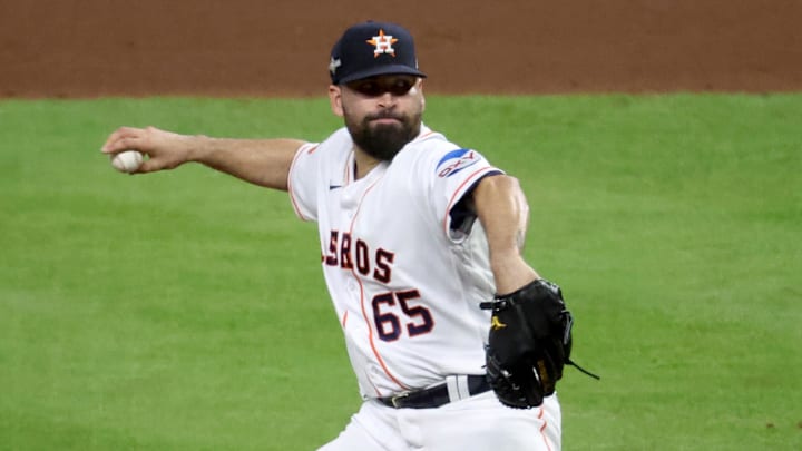 Oct 23, 2023; Houston, Texas, USA; Houston Astros pitcher Jose Urquidy (65) throws during the eighth inning of game seven in the ALCS against the Texas Rangers for the 2023 MLB playoffs at Minute Maid Park. Oct 23, 2023; Houston, Texas, USA; Houston Astros pitcher Jose Urquidy (65) throws during the eighth inning of game seven in the ALCS against the Texas Rangers for the 2023 MLB playoffs at Minute Maid Park.