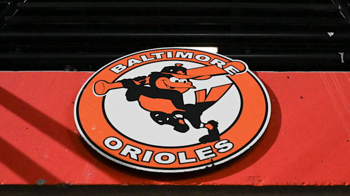 Sep 30, 2023; Baltimore, Maryland, USA; A detailed view of a Baltimore Orioles logo in the stands during the game against the Boston Red Sox at Oriole Park at Camden Yards.
