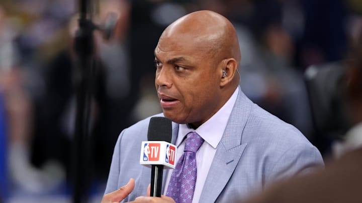 Jun 12, 2024; Dallas, Texas, USA; NBA TV analyst Charles Barkley talks on set before game three of the 2024 NBA Finals between the Boston Celtics and the Dallas Mavericks at American Airlines Center. Mandatory Credit: Kevin Jairaj-Imagn Images