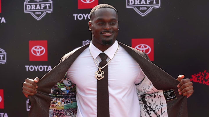 Apr 23, 2026; Pittsburgh, PA, USA; Notre Dame Fighting Irish running back Jeremiyah Love poses on the red carpet before the 2026 NFL Draft at Point State Park.