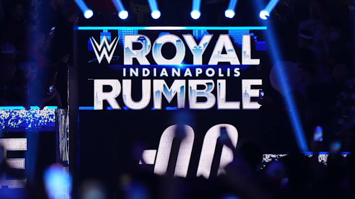 Feb 1, 2025; Indianapolis, IN, USA; Signage during the Men’s Royal Rumble match during the WWE Royal Rumble at Lucas Oil Stadium. Mandatory Credit: Joe Camporeale-Imagn Images
