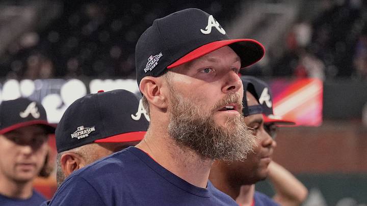 Oct 1, 2026; Cumberland, Georgia, USA;  Atlanta Braves pitcher Chris Sale (51) celebrates with teammates after defeating the Philadelphia Phillies in game three of the Wildcard round for the 2026 MLB Playoffs at Truist Field.  Mandatory Credit: Dale Zanine-Imagn Images
