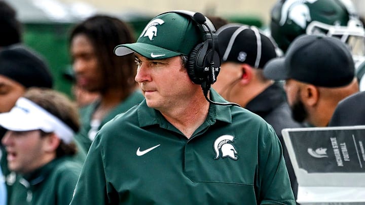 Michigan State's head coach Jonathan Smith looks on from the sideline during the second quarter in the game against Youngstown State on Saturday, Sept. 13, 2025, at Spartan Stadium in East Lansing.